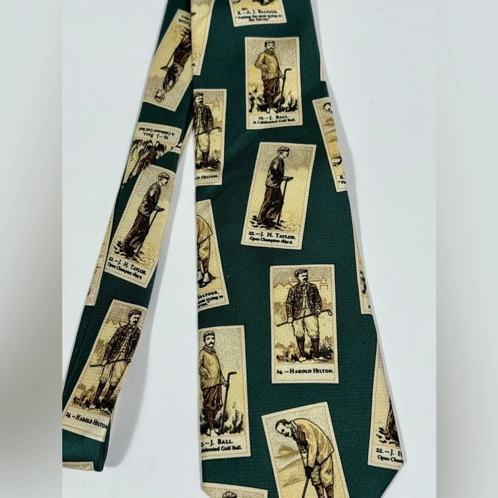Men's Tie Green Golf Legends Ball Balfour Hilton Taylor AKA Eddie Bauer- silk